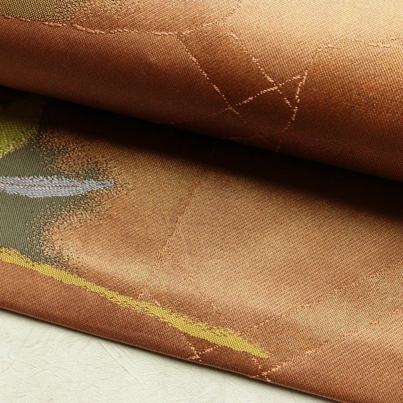 名古屋帯 六通柄 良品 正絹 花柄 名古屋仕立て なごや帯 リサイクル帯 帯 箔 淡橙 薄オレンジ 橙_画像8