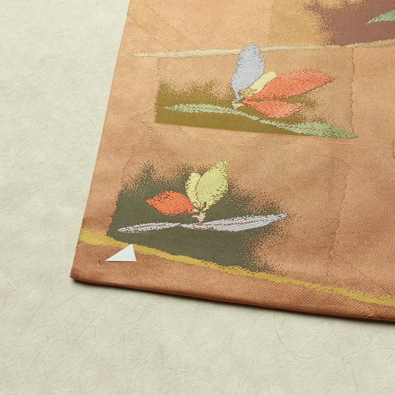 名古屋帯 六通柄 良品 正絹 花柄 名古屋仕立て なごや帯 リサイクル帯 帯 箔 淡橙 薄オレンジ 橙_画像9