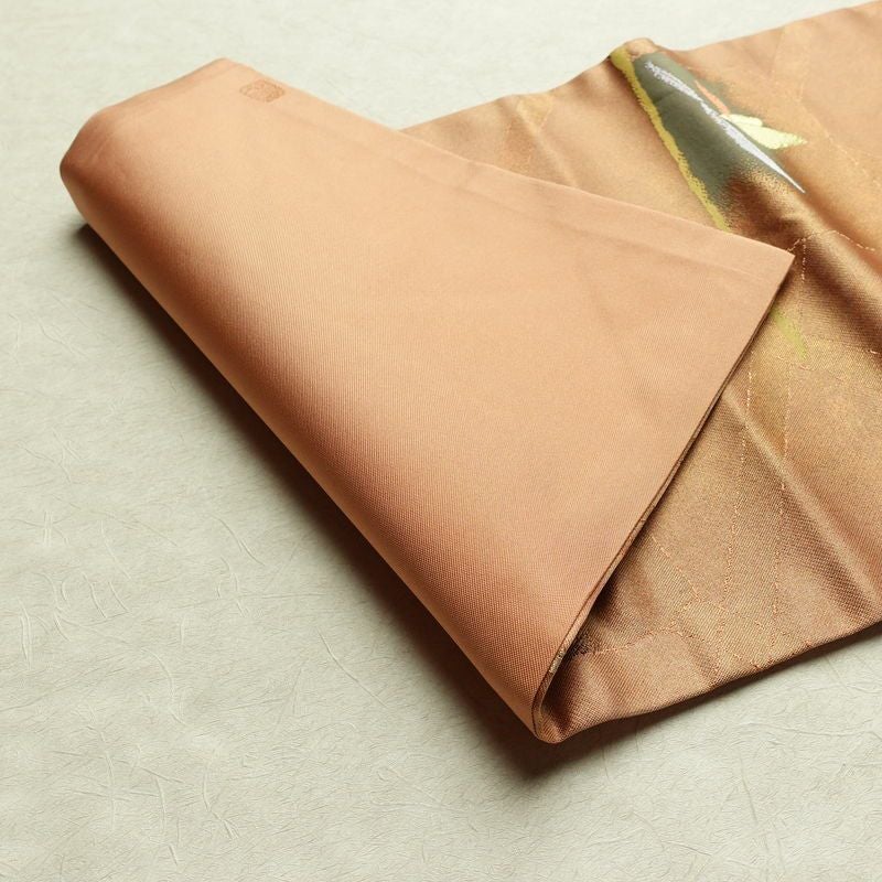 名古屋帯 六通柄 良品 正絹 花柄 名古屋仕立て なごや帯 リサイクル帯 帯 箔 淡橙 薄オレンジ 橙_画像12