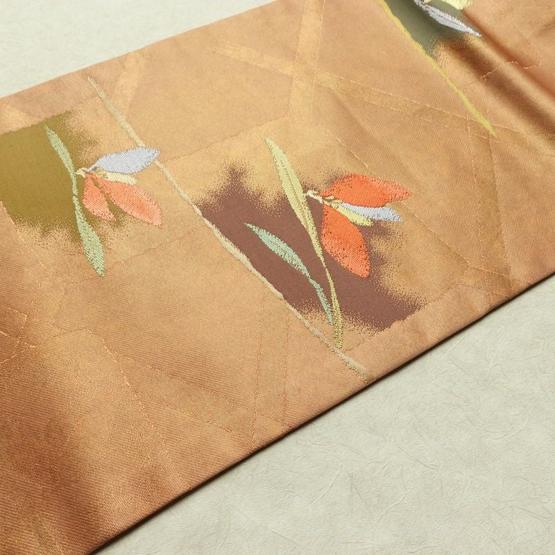 名古屋帯 六通柄 良品 正絹 花柄 名古屋仕立て なごや帯 リサイクル帯 帯 箔 淡橙 薄オレンジ 橙_画像14