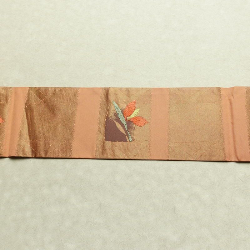 名古屋帯 六通柄 良品 正絹 花柄 名古屋仕立て なごや帯 リサイクル帯 帯 箔 淡橙 薄オレンジ 橙_画像15