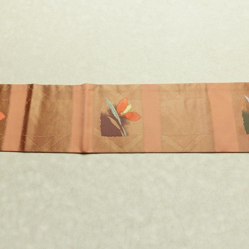 名古屋帯 六通柄 良品 正絹 花柄 名古屋仕立て なごや帯 リサイクル帯 帯 箔 淡橙 薄オレンジ 橙_画像16