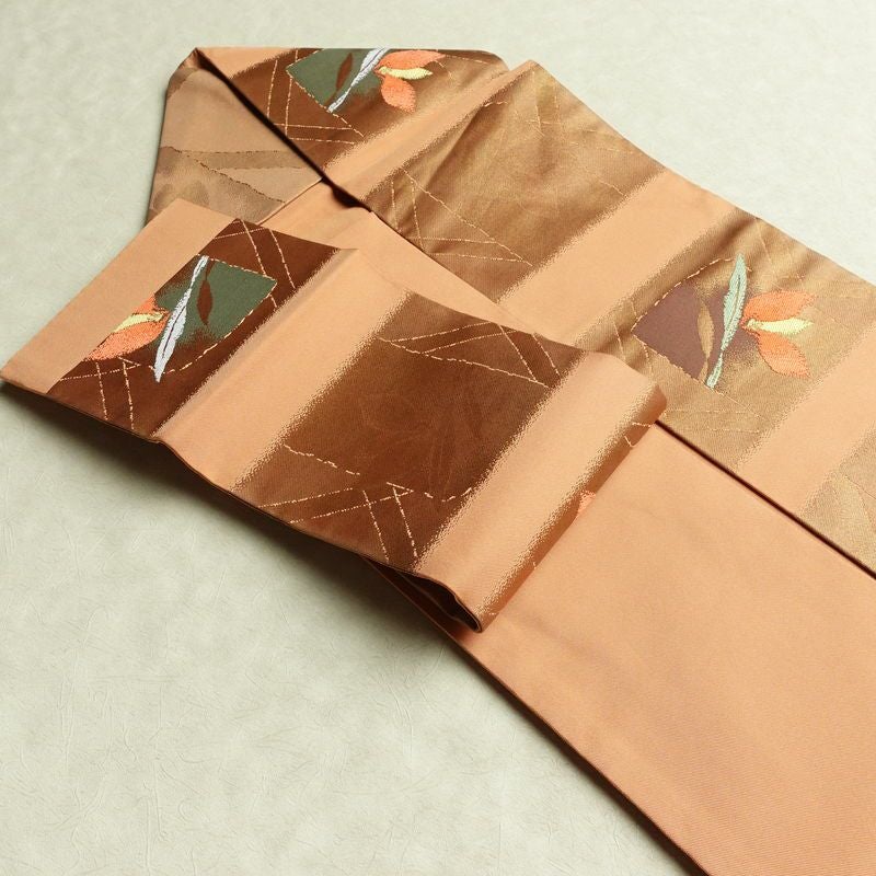 名古屋帯 六通柄 良品 正絹 花柄 名古屋仕立て なごや帯 リサイクル帯 帯 箔 淡橙 薄オレンジ 橙_画像21