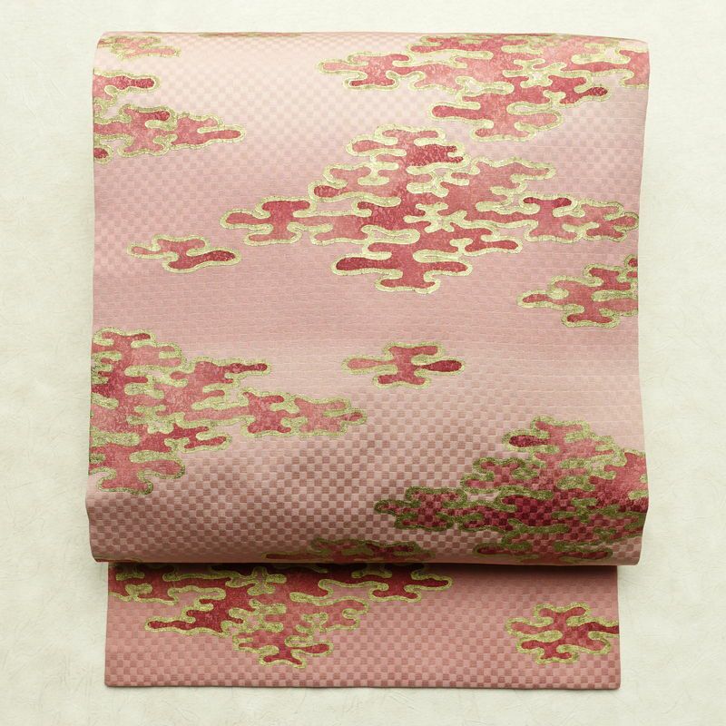 名古屋帯 太鼓柄 良品 正絹 幾何学柄・抽象柄 名古屋仕立て なごや帯 リサイクル帯 帯 箔 ピンク_画像1