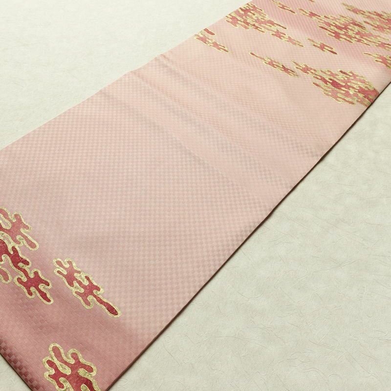 名古屋帯 太鼓柄 良品 正絹 幾何学柄・抽象柄 名古屋仕立て なごや帯 リサイクル帯 帯 箔 ピンク_画像9