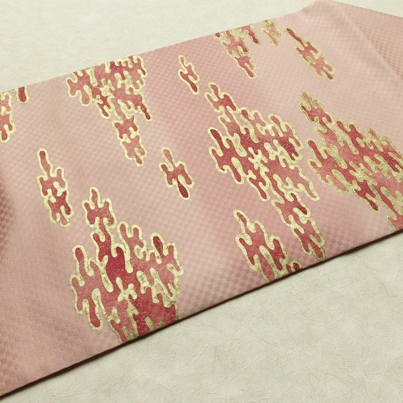 名古屋帯 太鼓柄 良品 正絹 幾何学柄・抽象柄 名古屋仕立て なごや帯 リサイクル帯 帯 箔 ピンク_画像12