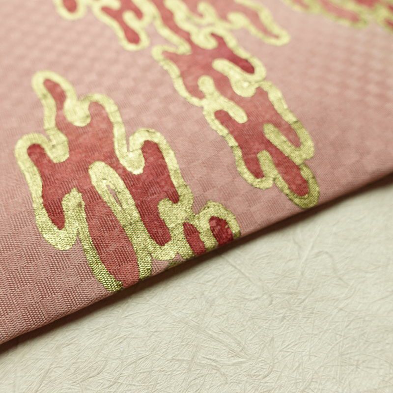 名古屋帯 太鼓柄 良品 正絹 幾何学柄・抽象柄 名古屋仕立て なごや帯 リサイクル帯 帯 箔 ピンク_画像13