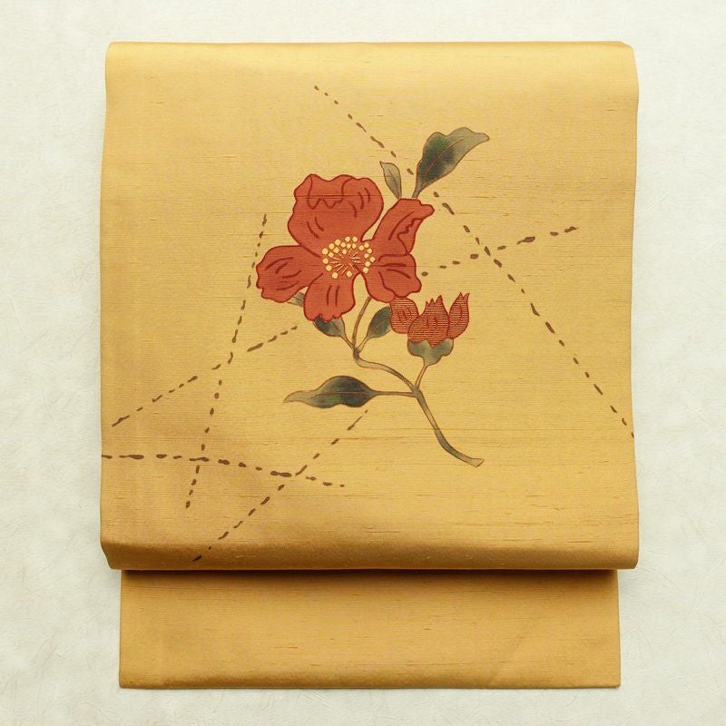 名古屋帯 太鼓柄 良品 正絹 花柄 名古屋仕立て なごや帯 リサイクル帯 帯 シンプル 黄・黄土色_画像1