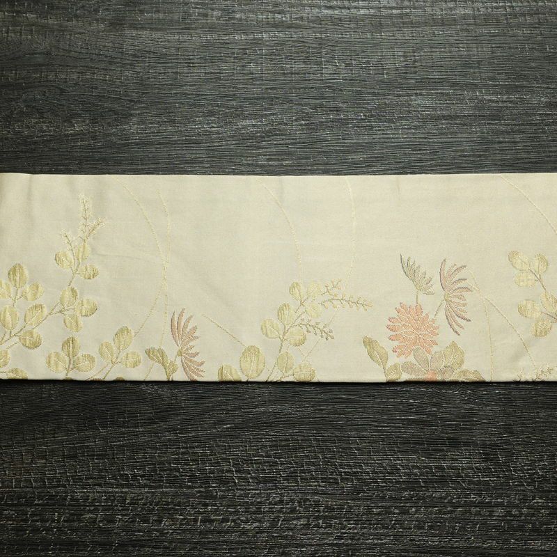 名古屋帯 六通柄 正絹 花柄 名古屋仕立て なごや帯 リサイクル帯 帯 箔 金糸 ベージュ_画像12