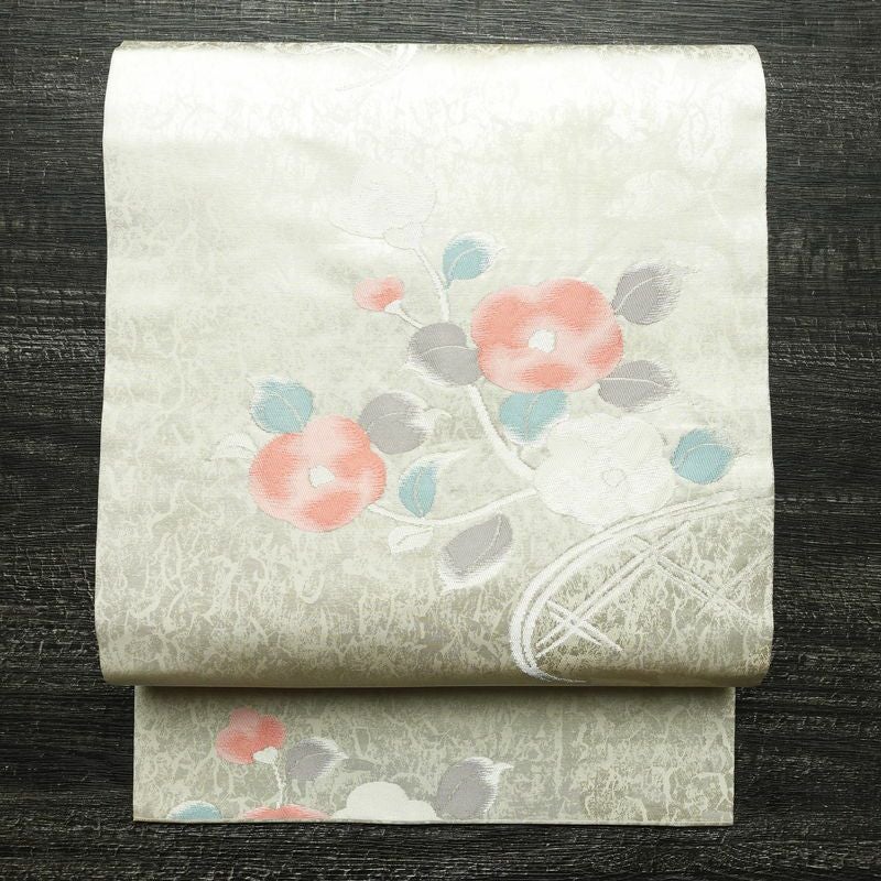 名古屋帯 六通柄 正絹 花柄 名古屋仕立て なごや帯 リサイクル帯 帯 箔 白_画像1