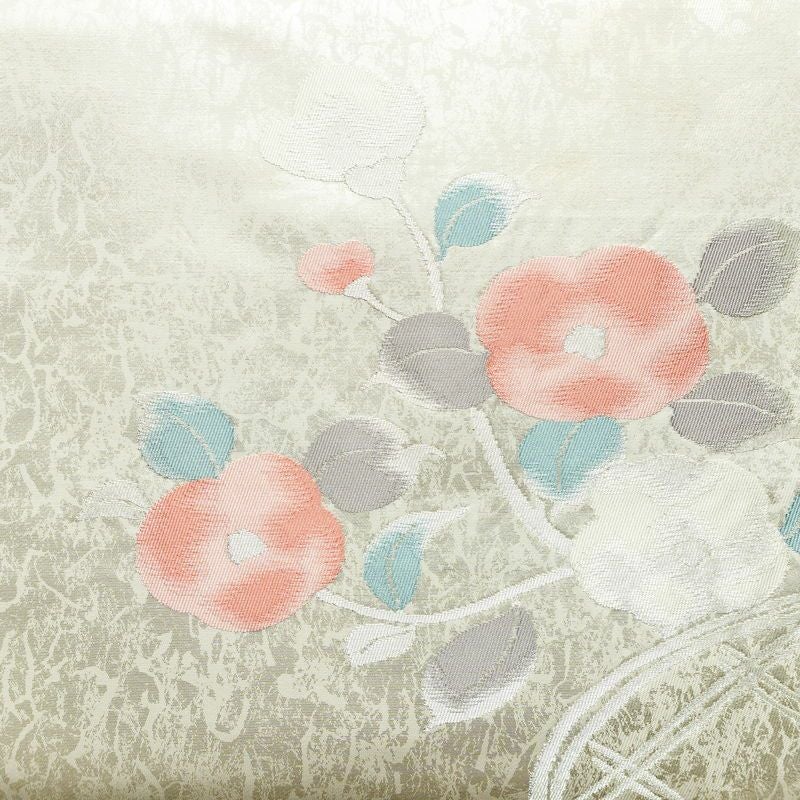 名古屋帯 六通柄 正絹 花柄 名古屋仕立て なごや帯 リサイクル帯 帯 箔 白_画像2