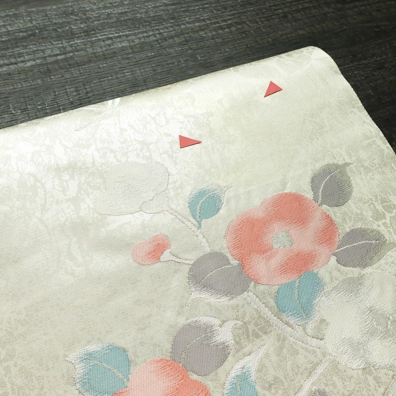 名古屋帯 六通柄 正絹 花柄 名古屋仕立て なごや帯 リサイクル帯 帯 箔 白_画像6