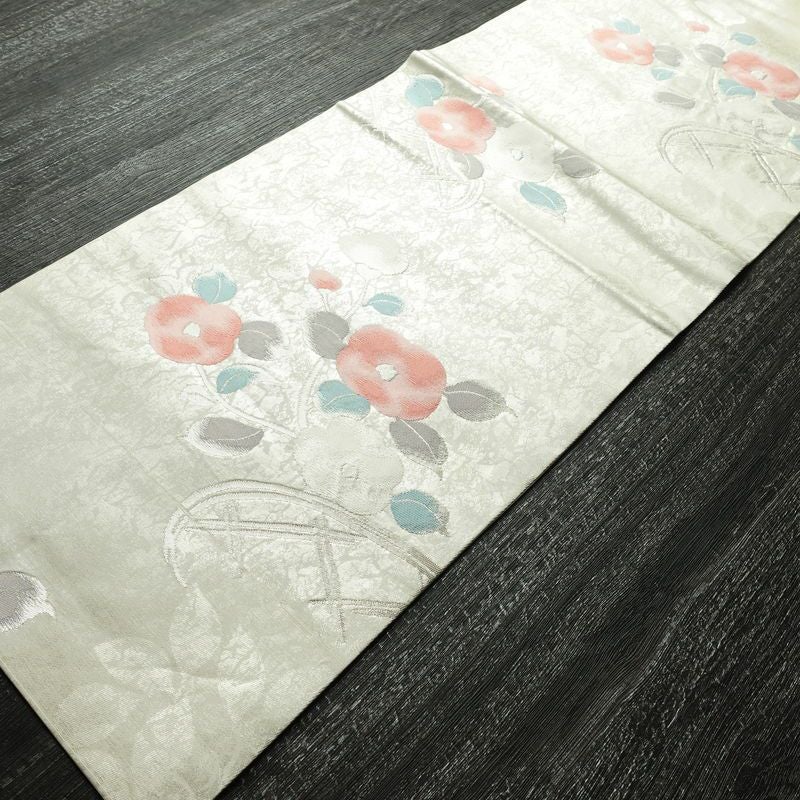 名古屋帯 六通柄 正絹 花柄 名古屋仕立て なごや帯 リサイクル帯 帯 箔 白_画像9