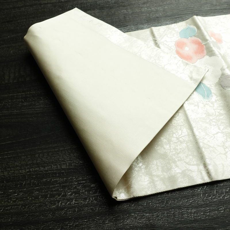 名古屋帯 六通柄 正絹 花柄 名古屋仕立て なごや帯 リサイクル帯 帯 箔 白_画像10