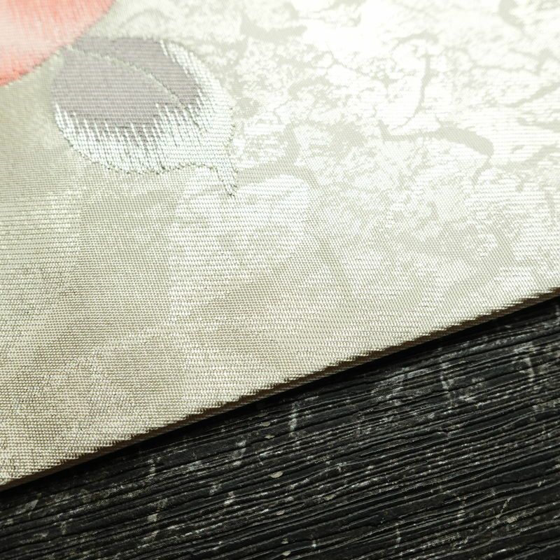 名古屋帯 六通柄 正絹 花柄 名古屋仕立て なごや帯 リサイクル帯 帯 箔 白_画像12