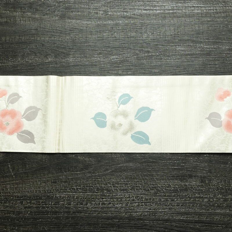 名古屋帯 六通柄 正絹 花柄 名古屋仕立て なごや帯 リサイクル帯 帯 箔 白_画像14