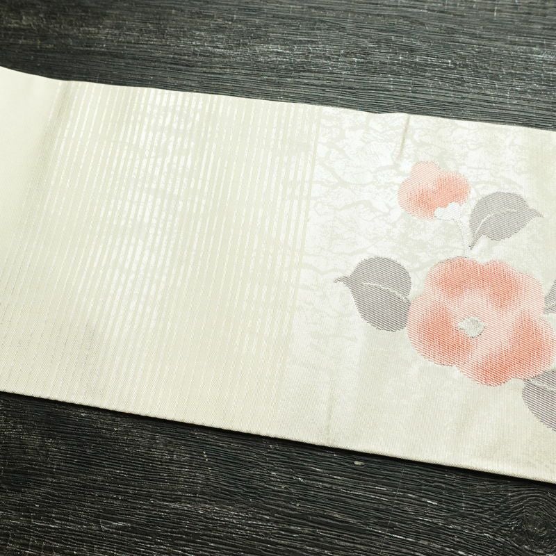 名古屋帯 六通柄 正絹 花柄 名古屋仕立て なごや帯 リサイクル帯 帯 箔 白_画像15