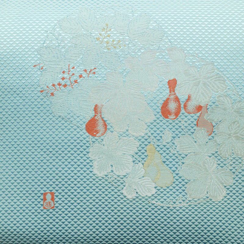 名古屋帯 太鼓柄 正絹 木の葉・植物柄 名古屋仕立て なごや帯 リサイクル帯 帯 金糸 銀糸 青・紺_画像2