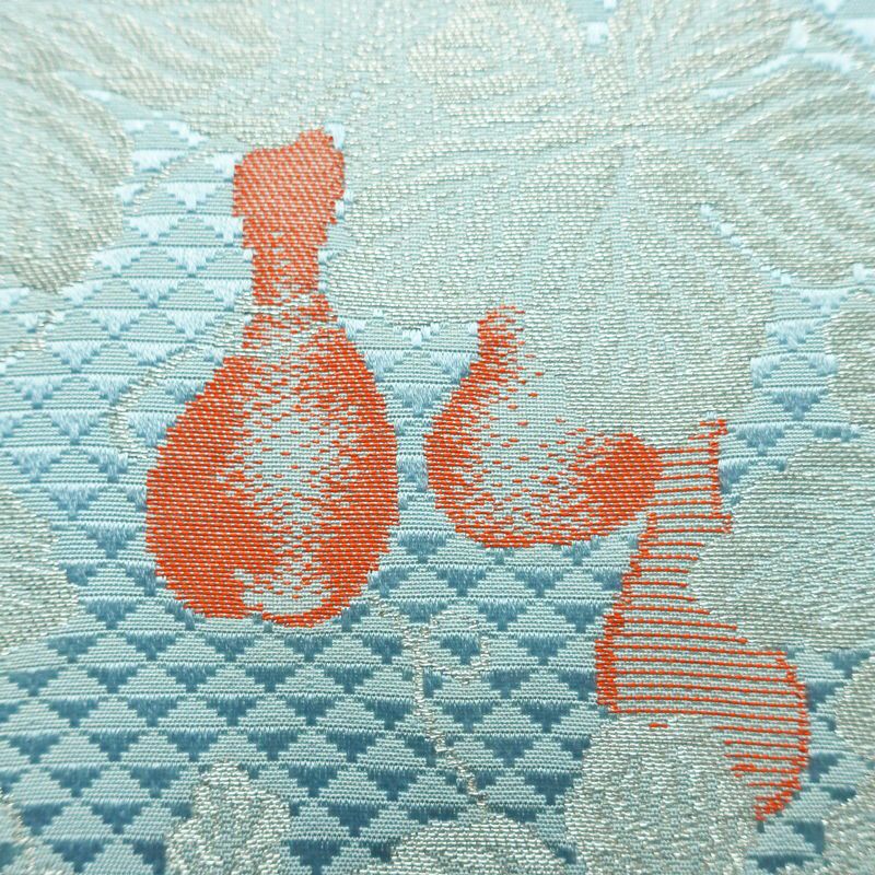 名古屋帯 太鼓柄 正絹 木の葉・植物柄 名古屋仕立て なごや帯 リサイクル帯 帯 金糸 銀糸 青・紺_画像4