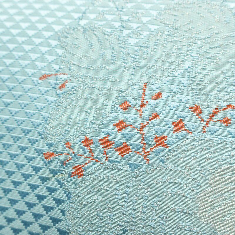 名古屋帯 太鼓柄 正絹 木の葉・植物柄 名古屋仕立て なごや帯 リサイクル帯 帯 金糸 銀糸 青・紺_画像7