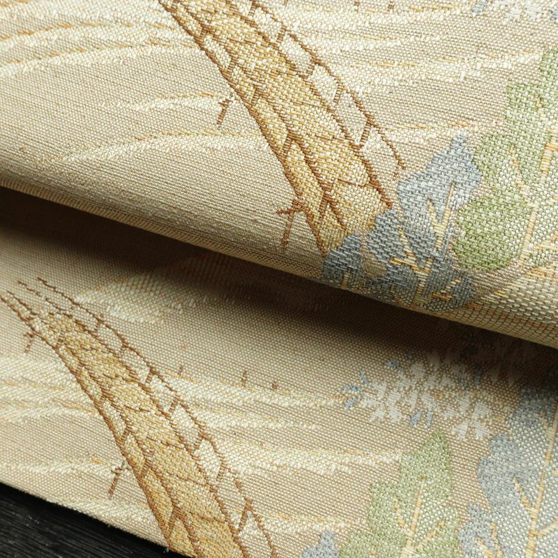 名古屋帯 六通柄 美品 正絹 風景柄 通し仕立て なごや帯 リサイクル帯 帯 ベージュ_画像8