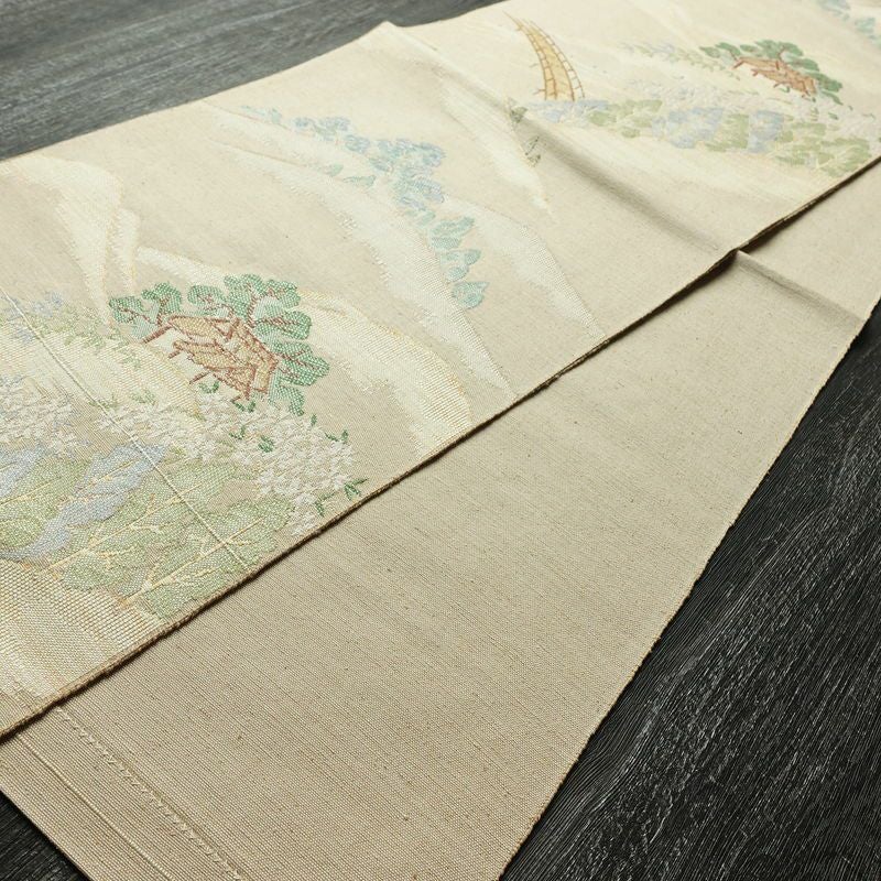名古屋帯 六通柄 美品 正絹 風景柄 通し仕立て なごや帯 リサイクル帯 帯 ベージュ_画像9