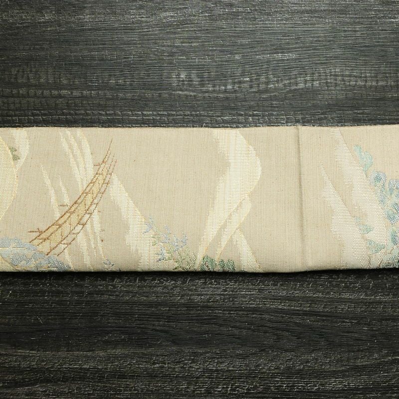 名古屋帯 六通柄 美品 正絹 風景柄 通し仕立て なごや帯 リサイクル帯 帯 ベージュ_画像15