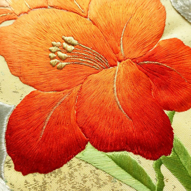 名古屋帯 太鼓柄 良品 正絹 花柄 通し仕立て なごや帯 リサイクル帯 帯 刺繍 箔 黄・黄土色_画像3