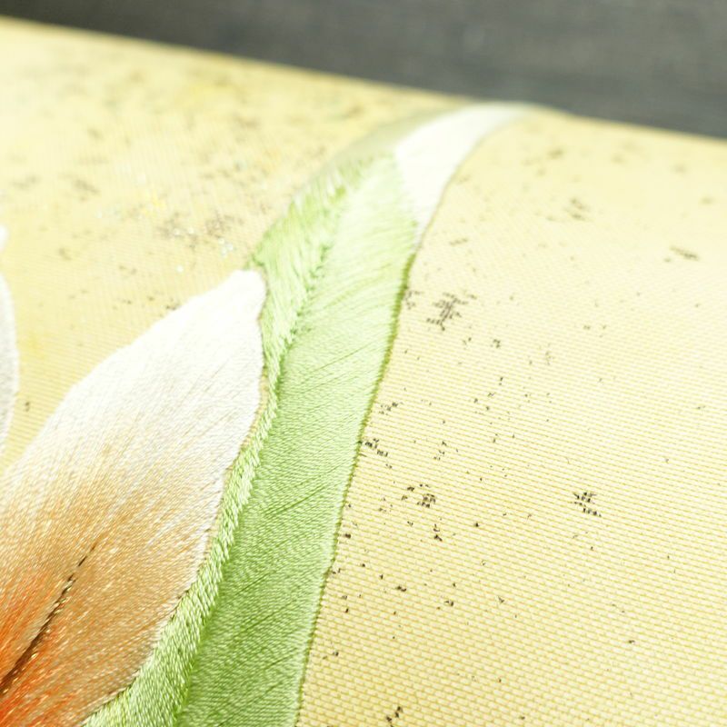 名古屋帯 太鼓柄 良品 正絹 花柄 通し仕立て なごや帯 リサイクル帯 帯 刺繍 箔 黄・黄土色_画像9