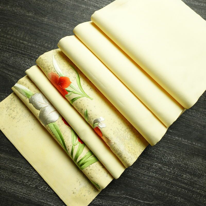 名古屋帯 太鼓柄 良品 正絹 花柄 通し仕立て なごや帯 リサイクル帯 帯 刺繍 箔 黄・黄土色_画像18