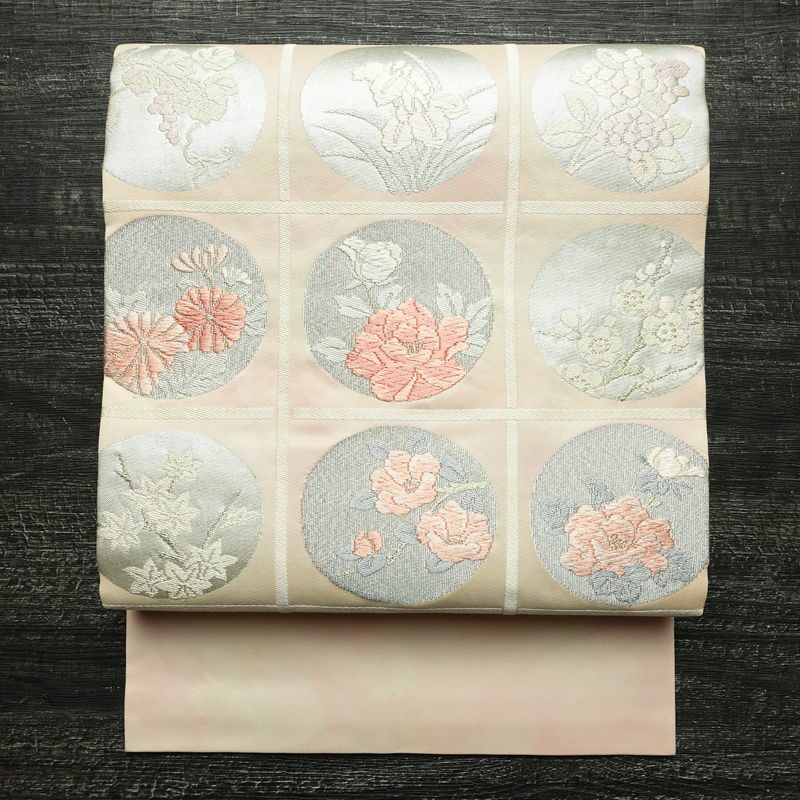 名古屋帯 太鼓柄 正絹 花柄 名古屋仕立て なごや帯 リサイクル帯 帯 箔 四季花 ピンク_画像1