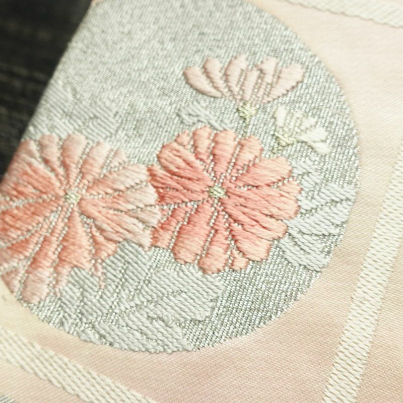 名古屋帯 太鼓柄 正絹 花柄 名古屋仕立て なごや帯 リサイクル帯 帯 箔 四季花 ピンク_画像6