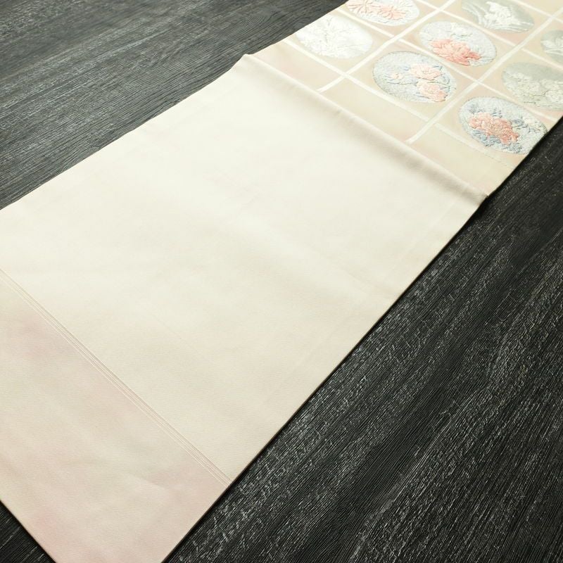 名古屋帯 太鼓柄 正絹 花柄 名古屋仕立て なごや帯 リサイクル帯 帯 箔 四季花 ピンク_画像8