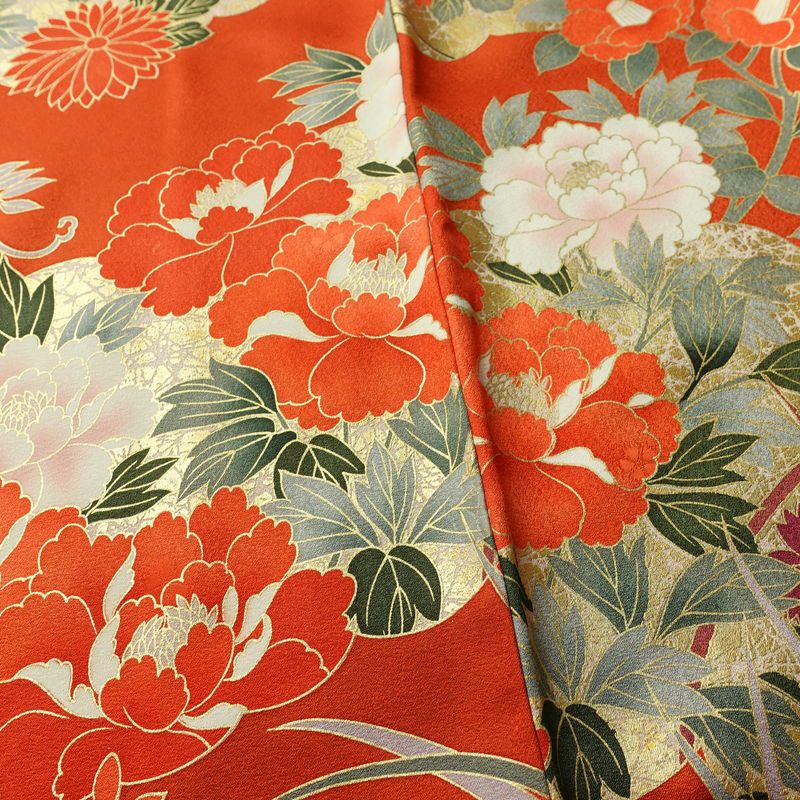 振袖 良品 金駒刺繍 トールサイズ 正絹 花柄 袷仕立て 身丈178.5cm 裄丈71.5cm リサイクル着物 着物 箔 成人式 二十歳 二十歳の集い フォーマル 紅葉 松 菊 桜 橙_画像13