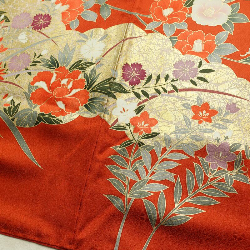 振袖 良品 金駒刺繍 トールサイズ 正絹 花柄 袷仕立て 身丈178.5cm 裄丈71.5cm リサイクル着物 着物 箔 成人式 二十歳 二十歳の集い フォーマル 紅葉 松 菊 桜 橙_画像14