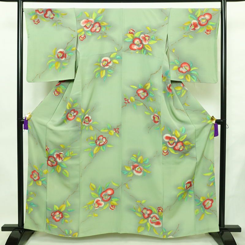 小紋 正絹 花柄 袷仕立て 身丈160.5cm 裄丈67.5cm リサイクル着物 着物 ぼかし 緑・うぐいす色_画像1