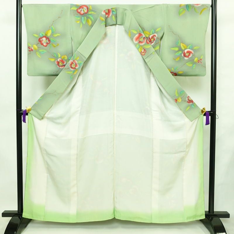 小紋 正絹 花柄 袷仕立て 身丈160.5cm 裄丈67.5cm リサイクル着物 着物 ぼかし 緑・うぐいす色_画像3