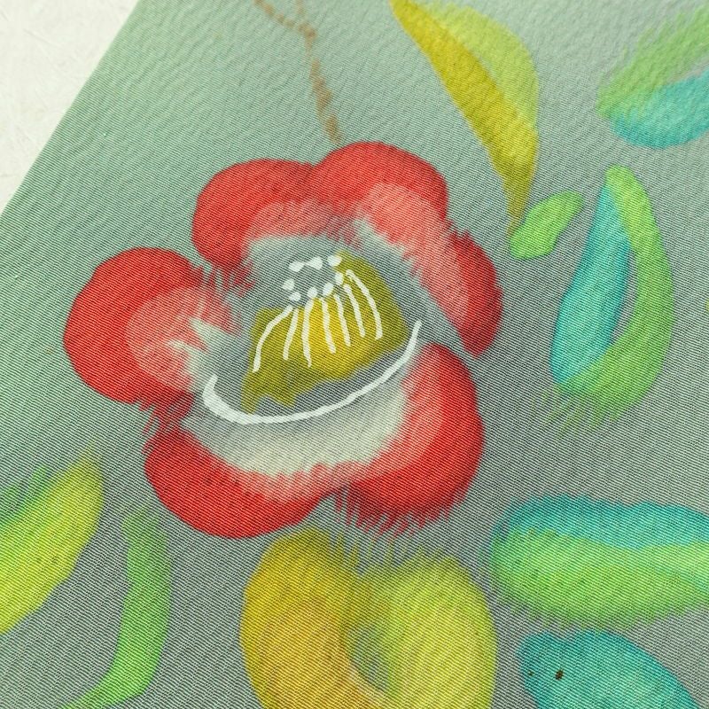 小紋 正絹 花柄 袷仕立て 身丈160.5cm 裄丈67.5cm リサイクル着物 着物 ぼかし 緑・うぐいす色_画像8