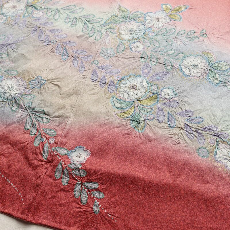 訪問着 良品 一つ紋付き 辻が花 正絹 花柄 袷仕立て 身丈162.5cm 裄丈64cm リサイクル着物 着物 金彩 ピンク_画像14