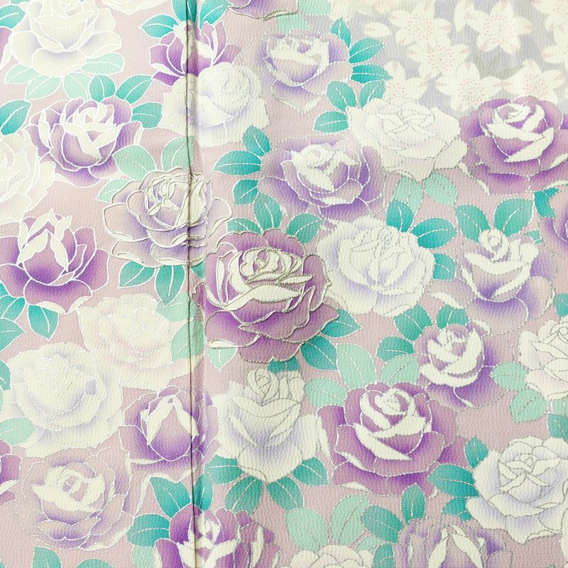 振袖 縮緬 正絹 花柄 銀駒刺繍 袷仕立て 身丈157.5cm 裄丈63cm リサイクル着物 着物 銀彩 成人式 二十歳 二十歳の集い フォーマル 紫・藤色_画像6