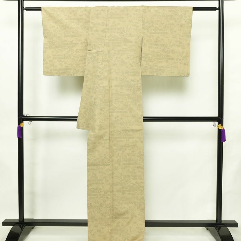 紬 良品 正絹 古典柄 袷仕立て 身丈167.5cm 裄丈66.5cm リサイクル着物 着物 ベージュ_画像2