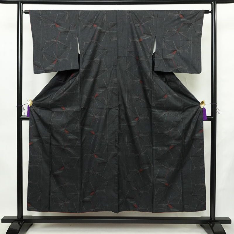 大島紬 証紙あり 正絹 麻の葉柄 袷仕立て 身丈152cm 裄丈62.5cm リサイクル着物 着物 青・紺_画像1