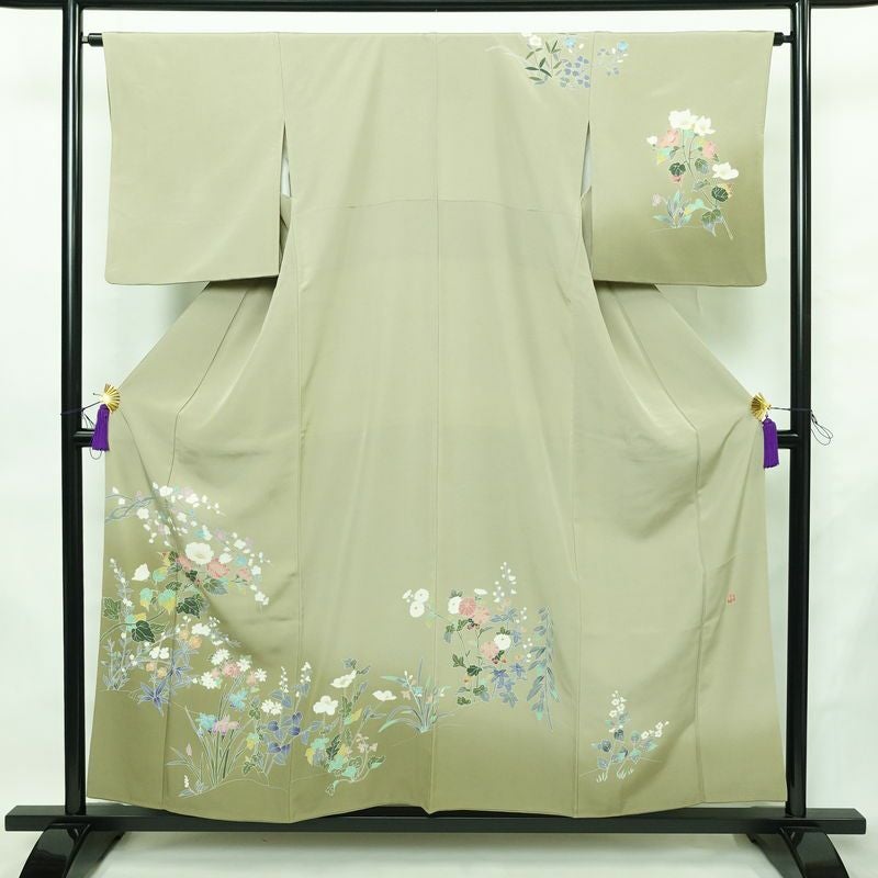 訪問着 良品 落款入り 縮緬 正絹 花柄 袷仕立て 身丈155cm 裄丈63.5cm リサイクル着物 着物 入学式 卒業式 七五三 パーティー お宮参り フォーマル 上品 緑・うぐいす色_画像1