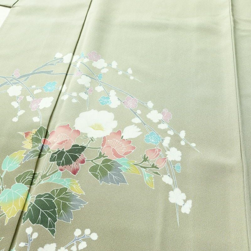 訪問着 良品 落款入り 縮緬 正絹 花柄 袷仕立て 身丈155cm 裄丈63.5cm リサイクル着物 着物 入学式 卒業式 七五三 パーティー お宮参り フォーマル 上品 緑・うぐいす色_画像5