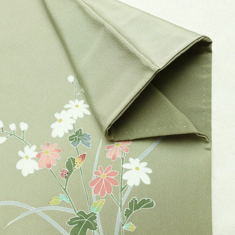 訪問着 良品 落款入り 縮緬 正絹 花柄 袷仕立て 身丈155cm 裄丈63.5cm リサイクル着物 着物 入学式 卒業式 七五三 パーティー お宮参り フォーマル 上品 緑・うぐいす色_画像15