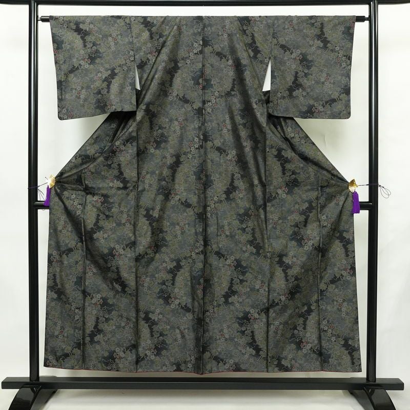 大島紬 証紙なし 正絹 木の葉・植物柄 袷仕立て 身丈154cm 裄丈63cm リサイクル着物 着物 青・紺_画像1