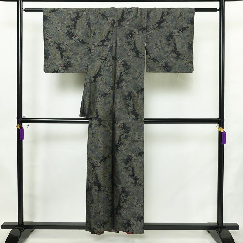 大島紬 証紙なし 正絹 木の葉・植物柄 袷仕立て 身丈154cm 裄丈63cm リサイクル着物 着物 青・紺_画像2