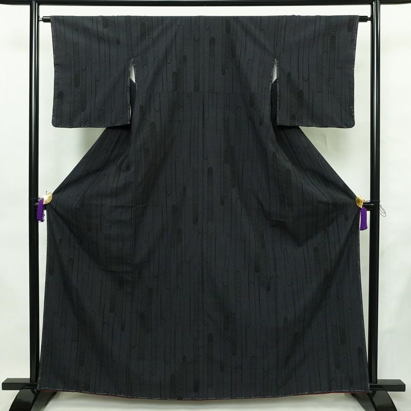 塩沢紬 証紙あり 紬 しつけ糸付き 正絹 古典柄 袷仕立て 身丈162.5cm 裄丈62.5cm リサイクル着物 着物 未使用品 青・紺_画像1