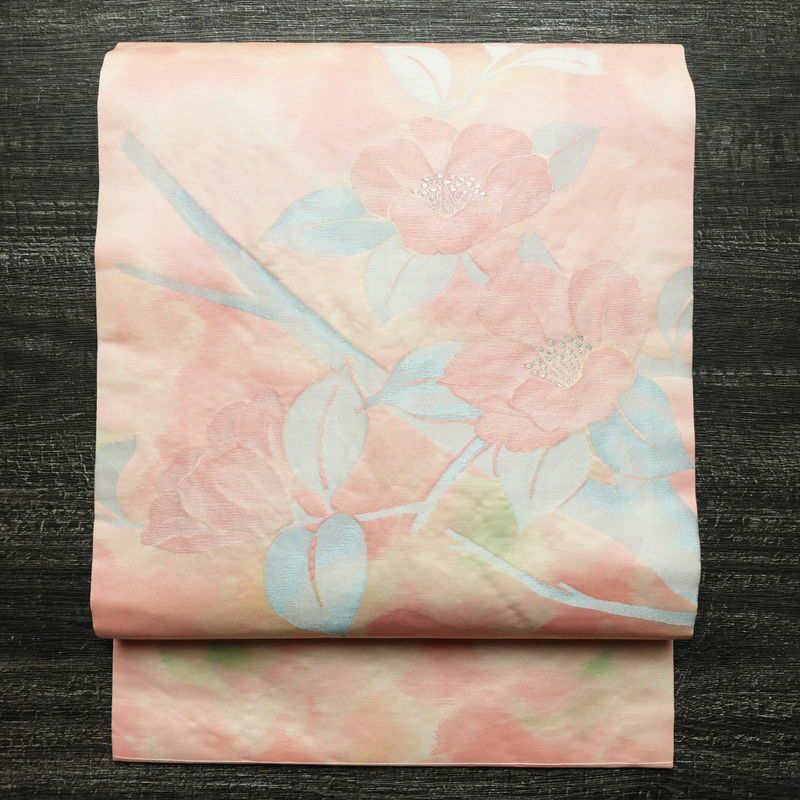 名古屋帯 太鼓柄 正絹 花柄 名古屋仕立て なごや帯 リサイクル帯 帯 銀糸 ピンク_画像1