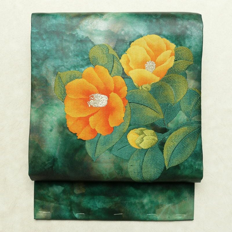 名古屋帯 太鼓柄 良品 正絹 花柄 名古屋仕立て なごや帯 リサイクル帯 帯 箔 金糸 緑・うぐいす色_画像1